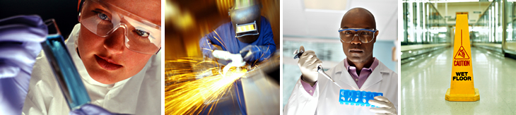 Pictures of workers performingin safe practices: Lab researchers holding test tubes; welder; & picture of floor & wet floor sign