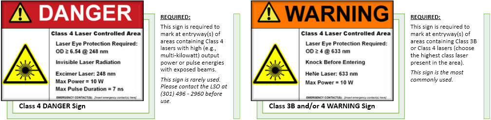 Examples of the DANGER and WARNING LCA warning signs and their use description.