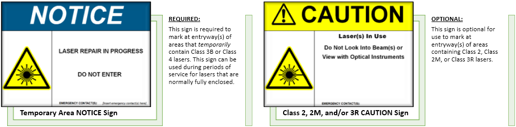 Examples of the NOTICE and CAUTION LCA warning signs and their use description.